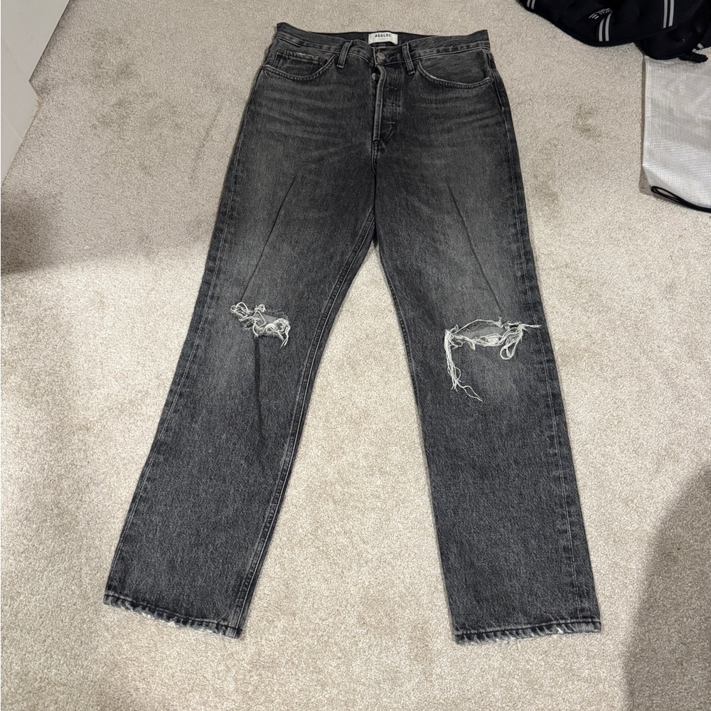 Agolde Women's Gray Distressed Straight Leg Jeans